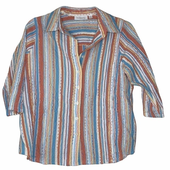 BRECKENRIDGE WOMAN Cotton Blue, Orange, Ivory Striped Button Down Top - Size 1X - Picture 1 of 3